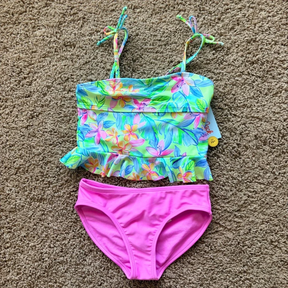 Cat & Jack Tropical Floral Ruffle Tankini Swim Bathing Suit Small 6/7 NEW NWT